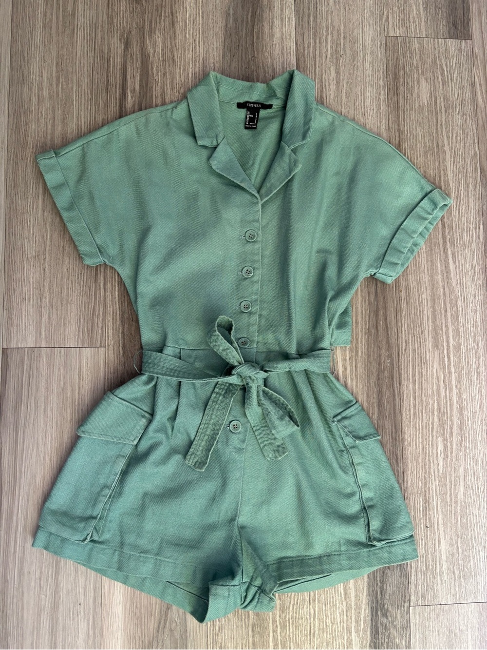 Forever 21 Sage Green Short Sleeve Button-Up Romper with Tie Waist